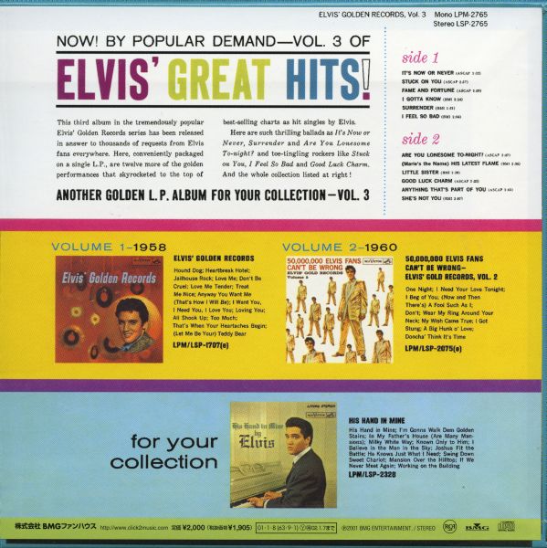 CD Mini LP RCA BMG Jp BVCM-37190 Elvis Golden Records Vol 3