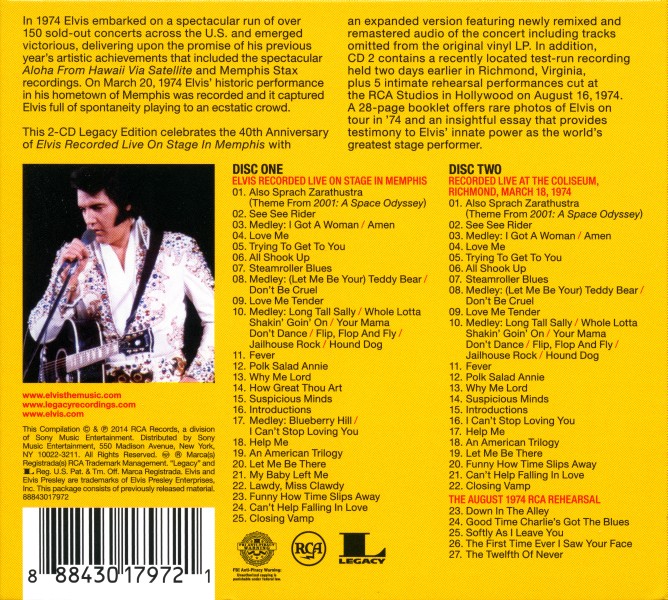 CD Elvis Recorded Live On Stage In Memphis Sony RCA Legacy 88843017972