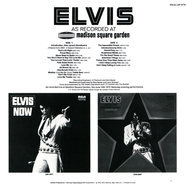 CD Elvis As Recorded At Madison Square Garden RCA Victor LSP-4776