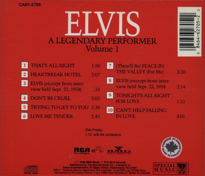 CD Elvis - A Ledendary Performer, Volume 1 - RCA CAD1-2705

