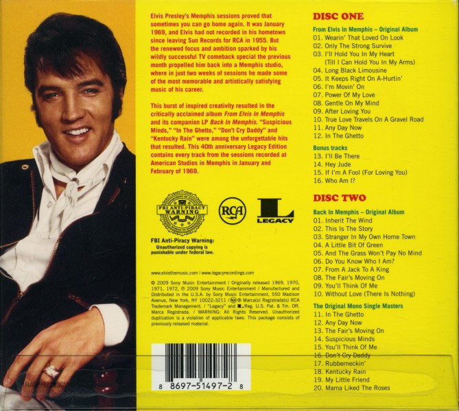 CD From Elvis In Memphis Sony RCA Legacy 88697 51497-2