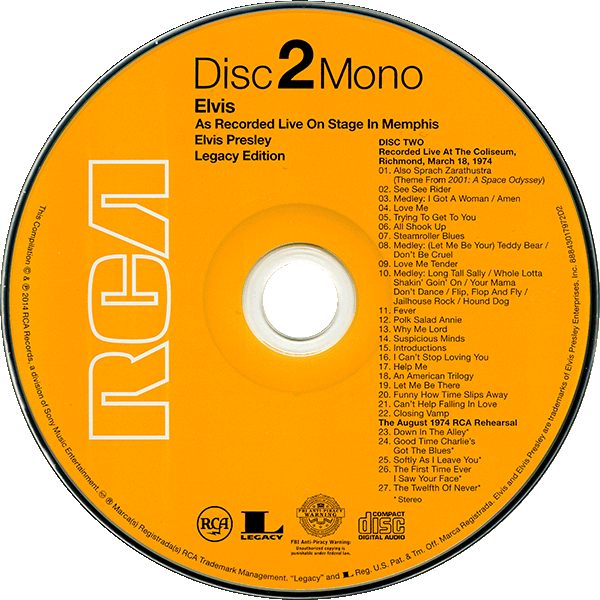 CD Elvis Recorded Live On Stage In Memphis Sony RCA Legacy 88843017972